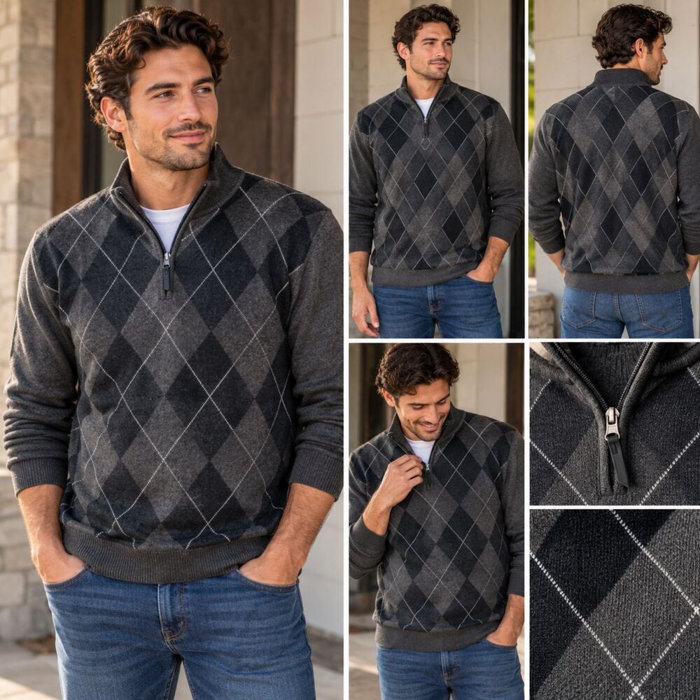 Method Men’s L Argyle 1/4 Zip Pullover Sweater Gray Black Diamond Mock Neck 2009